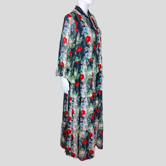 No Frills Los Angeles Floral Multicolor Long Sleeve Maxi Ruffle Flowy Dress - Picture 3 of 5
